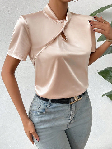 Twist Front Keyhole Neckline Satin Tee