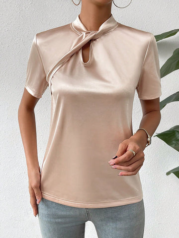 Twist Front Keyhole Neckline Satin Tee