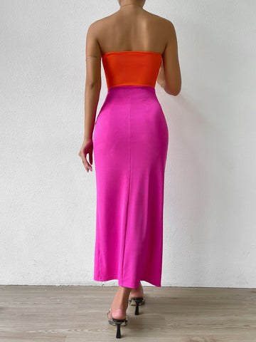 BAE Two Tone Slit Thigh Rib-knit Tube Dress