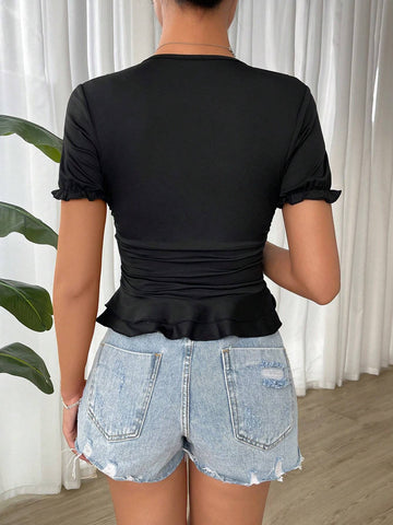 BAE V-Neck Pleated Double-Layer Ruffle Hem Frilled Short Sleeve T-Shirt