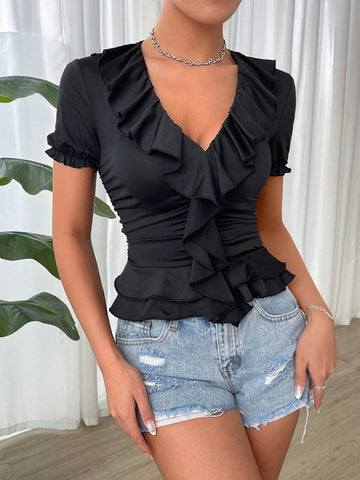 BAE V-Neck Pleated Double-Layer Ruffle Hem Frilled Short Sleeve T-Shirt