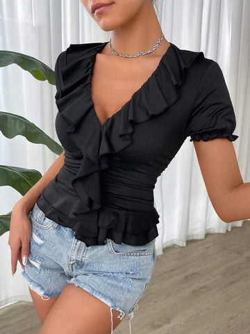 BAE V-Neck Pleated Double-Layer Ruffle Hem Frilled Short Sleeve T-Shirt