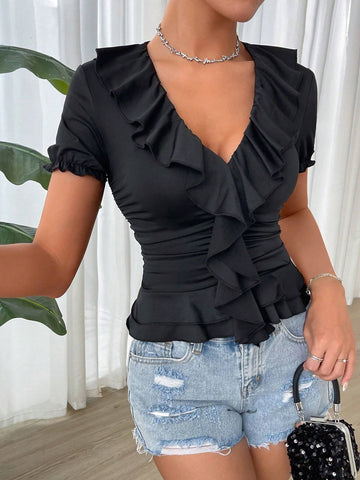 BAE V-Neck Pleated Double-Layer Ruffle Hem Frilled Short Sleeve T-Shirt