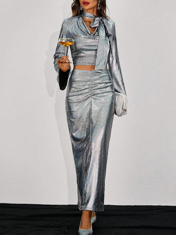 V-neck, Flared Sleeve, Tie Front Top And Ruched Skirt Set