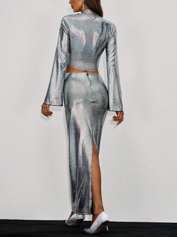 V-neck, Flared Sleeve, Tie Front Top And Ruched Skirt Set