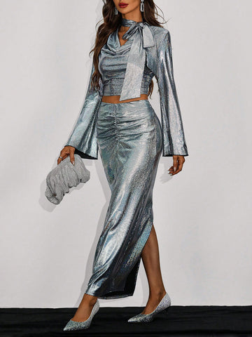 V-neck, Flared Sleeve, Tie Front Top And Ruched Skirt Set