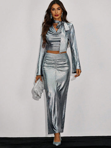 V-neck, Flared Sleeve, Tie Front Top And Ruched Skirt Set