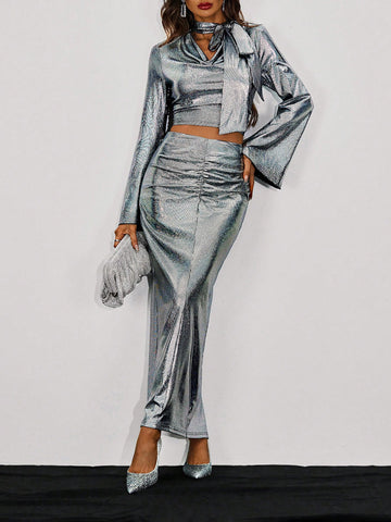 V-neck, Flared Sleeve, Tie Front Top And Ruched Skirt Set