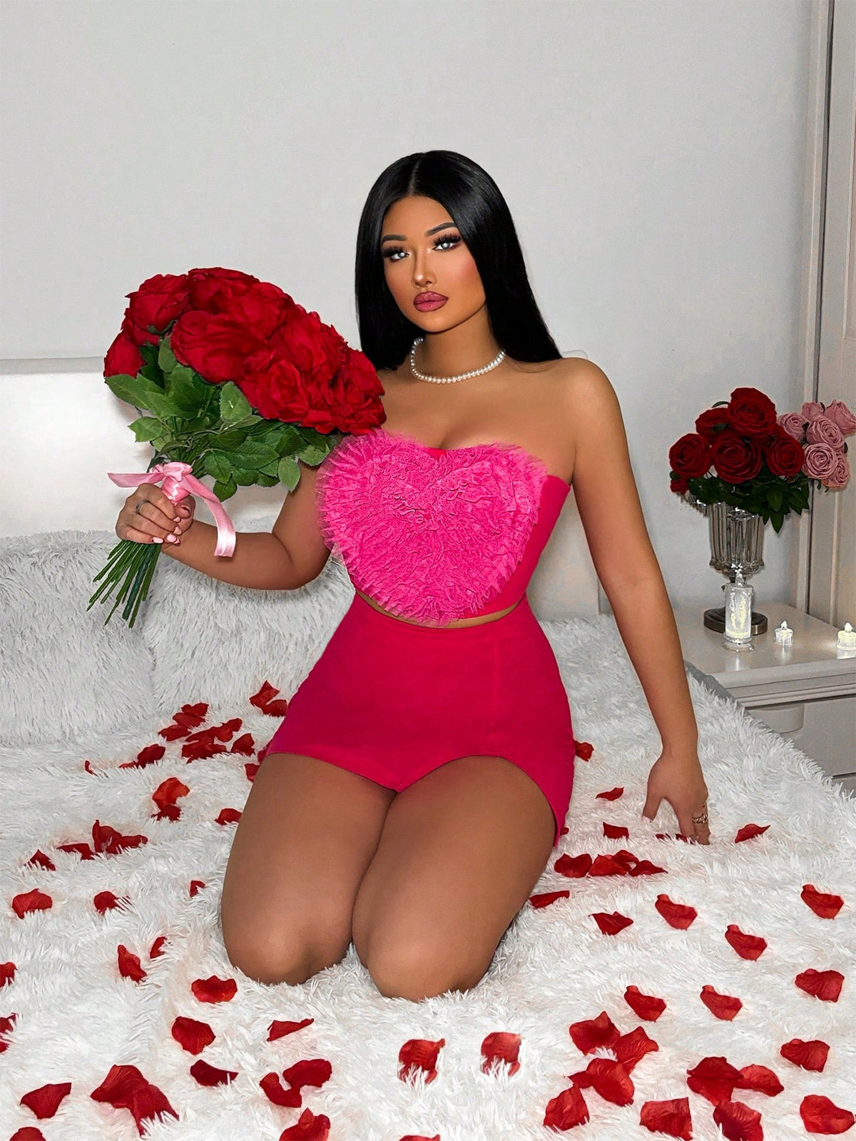 Valentine'S Day Mesh Heart Decor Bandeau Top And Skirt 2pcs Set