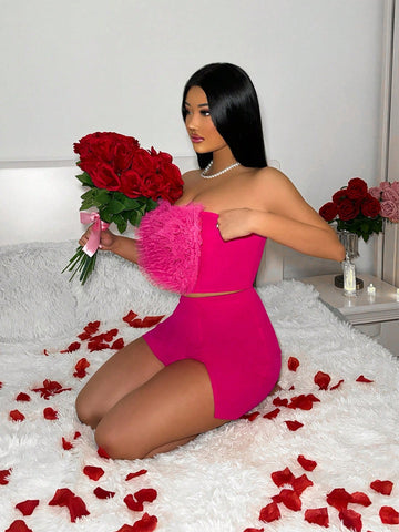 Valentine'S Day Mesh Heart Decor Bandeau Top And Skirt 2pcs Set