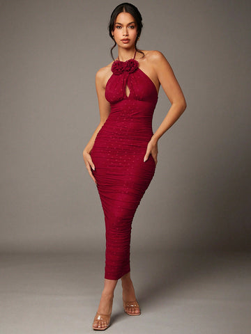 BAE Valentine's Day Dress Red Mesh Polka Dot Floral Decoration Pleated Long Halterneck Strappy Dress