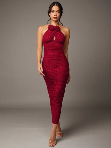BAE Valentine's Day Dress Red Mesh Polka Dot Floral Decoration Pleated Long Halterneck Strappy Dress