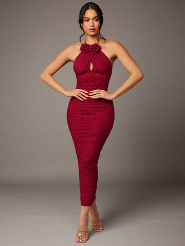 BAE Valentine's Day Dress Red Mesh Polka Dot Floral Decoration Pleated Long Halterneck Strappy Dress