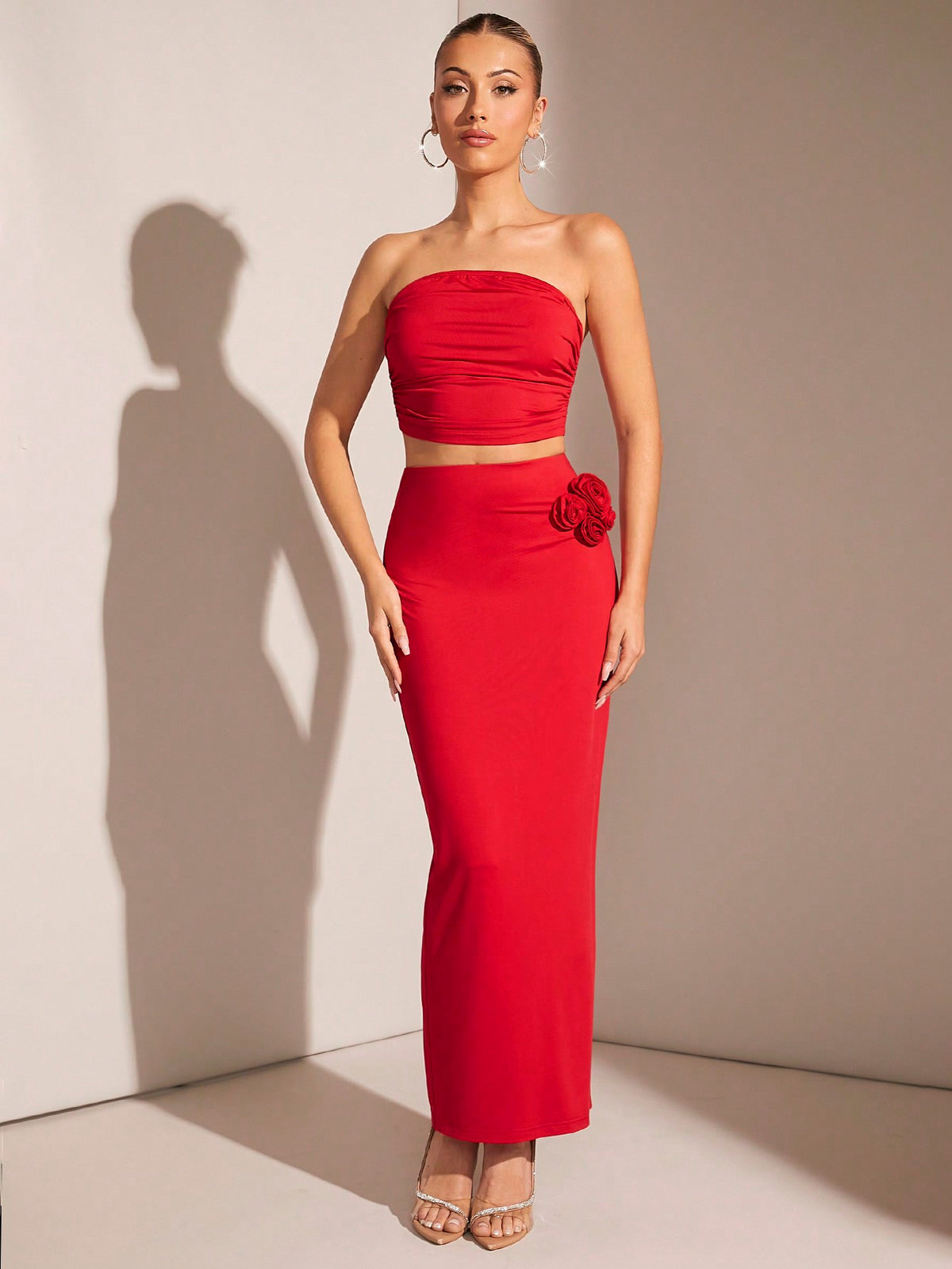 Valentine's Day Strapless Pleated Crop Top & 3d Flower Decorated Skirt Set