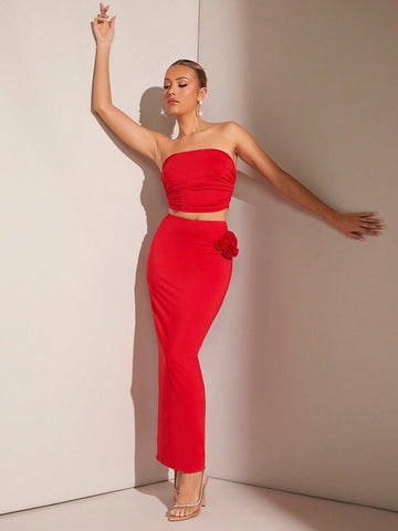 Valentine's Day Strapless Pleated Crop Top & 3d Flower Decorated Skirt Set