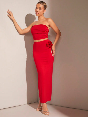 Valentine's Day Strapless Pleated Crop Top & 3d Flower Decorated Skirt Set