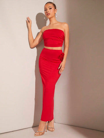 Valentine's Day Strapless Pleated Crop Top & 3d Flower Decorated Skirt Set