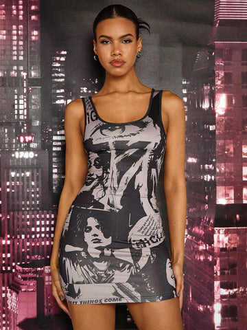 Vintage Portrait Print Sleeveless Bodycon Dress
