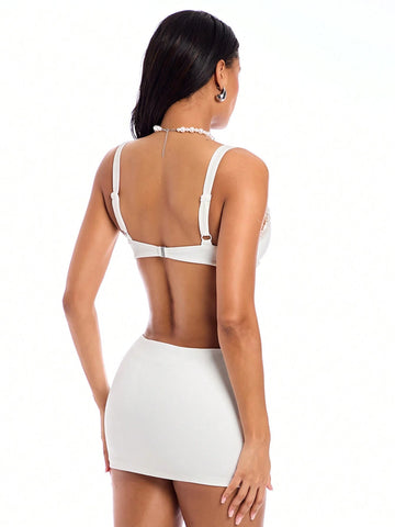 White Exquisite Rhinestone Embellished Cami Top & Skirt Set For Vacation, Elegant Beach Party