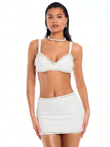 White Exquisite Rhinestone Embellished Cami Top & Skirt Set For Vacation, Elegant Beach Party