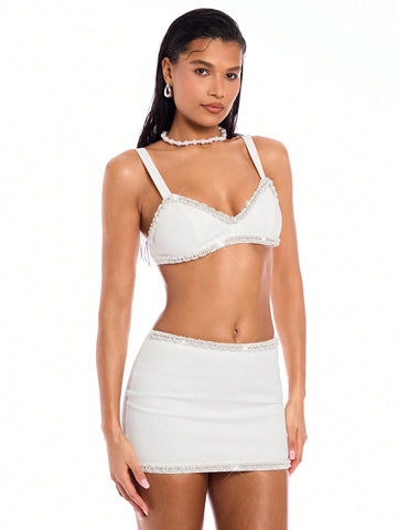 White Exquisite Rhinestone Embellished Cami Top & Skirt Set For Vacation, Elegant Beach Party