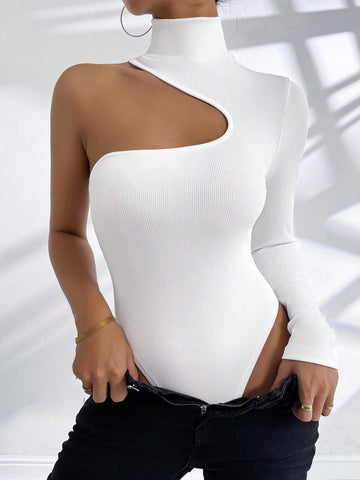 White Hollow Out Irregular Cut-Out Shoulder Festival Bodysuit