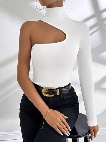 White Hollow Out Irregular Cut-Out Shoulder Festival Bodysuit