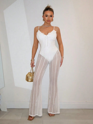 White Lace Jumpsuit With Ruffles, Bowknot, Tie-Up Strap, Flared Pants, See-Through Design, Sexy Outfit For Streetwear, Dating, And Summer; Women's Romper