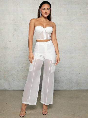 BAE White See-Through Mesh Organza Workwear Spring Clothes Straight Women's Trousers