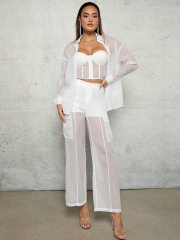 BAE White See-Through Mesh Organza Workwear Spring Clothes Straight Women's Trousers