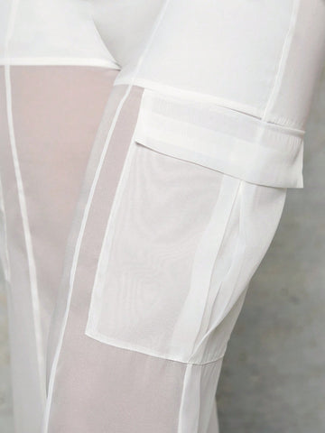 BAE White See-Through Mesh Organza Workwear Spring Clothes Straight Women's Trousers