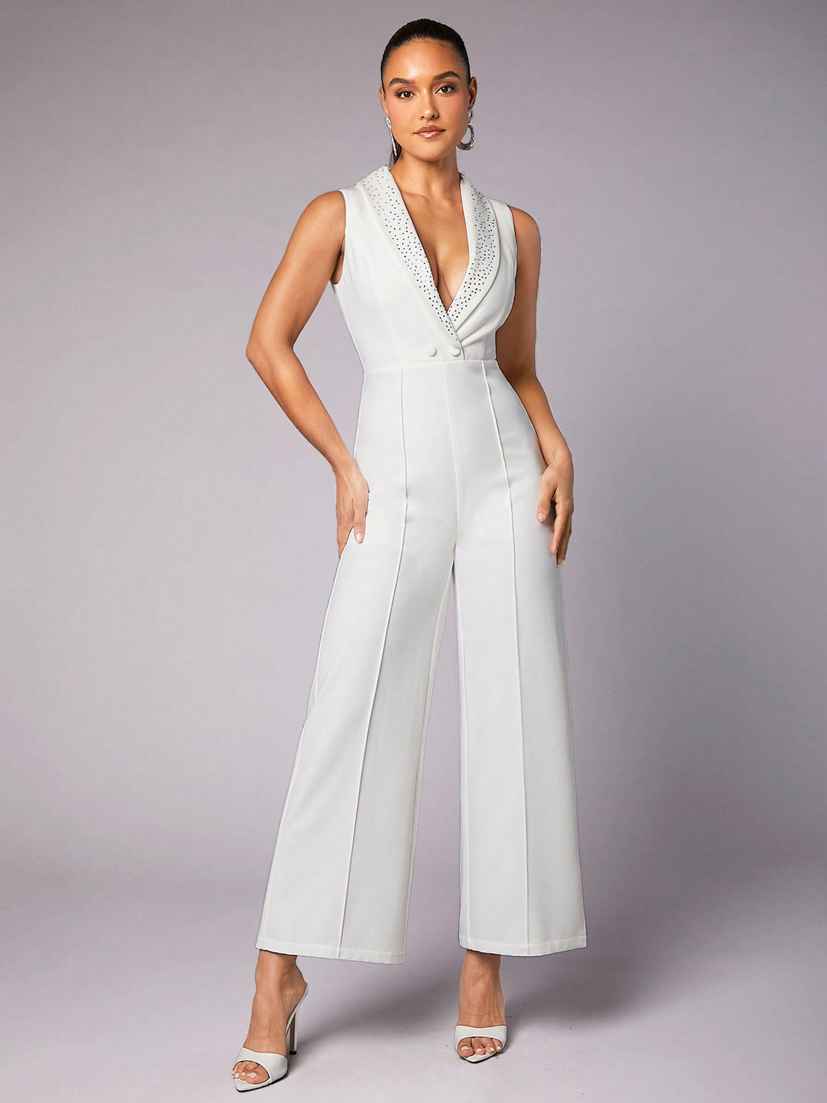 White Sleeveless Women'S Jumpsuit With Rhinestone Embellishment