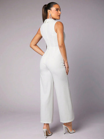 White Sleeveless Women'S Jumpsuit With Rhinestone Embellishment