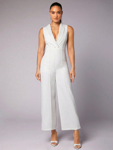 White Sleeveless Women'S Jumpsuit With Rhinestone Embellishment