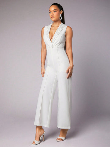 White Sleeveless Women'S Jumpsuit With Rhinestone Embellishment