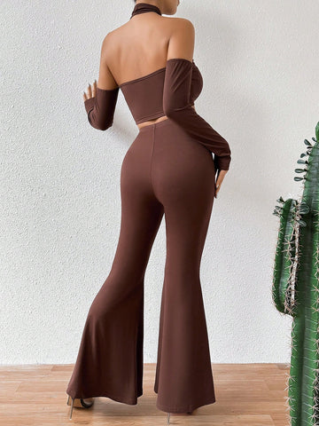 Women'S Cold-Shoulder Halter Top And Drawstring Flared Pants Two Piece Set
