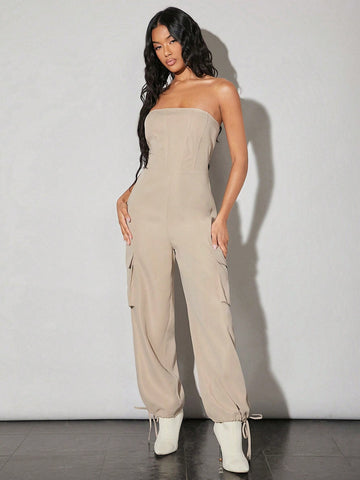 Women'S Herringbone Detail Drawstring Leg 3d Pocket Workwear Bandeau Jumpsuit