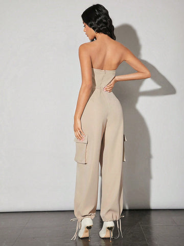 Women'S Herringbone Detail Drawstring Leg 3d Pocket Workwear Bandeau Jumpsuit