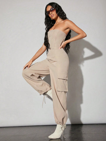 Women'S Herringbone Detail Drawstring Leg 3d Pocket Workwear Bandeau Jumpsuit