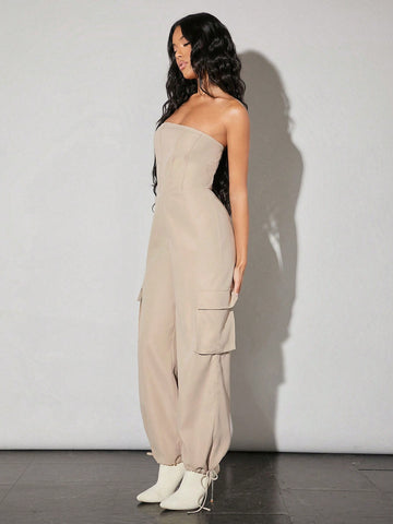 Women'S Herringbone Detail Drawstring Leg 3d Pocket Workwear Bandeau Jumpsuit