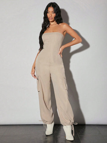 Women'S Herringbone Detail Drawstring Leg 3d Pocket Workwear Bandeau Jumpsuit