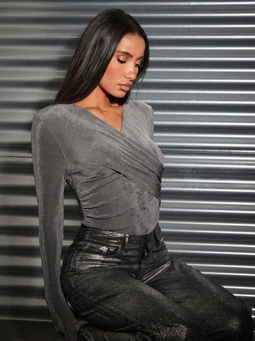 Women'S High Street Crossed V-Neck Bodycon Long Sleeve Bodysuit
