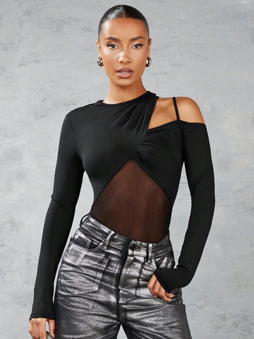 Women'S Irregular Shoulder Cutout Mesh Splice Bodysuit, Slim Fit