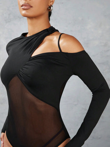 Women'S Irregular Shoulder Cutout Mesh Splice Bodysuit, Slim Fit