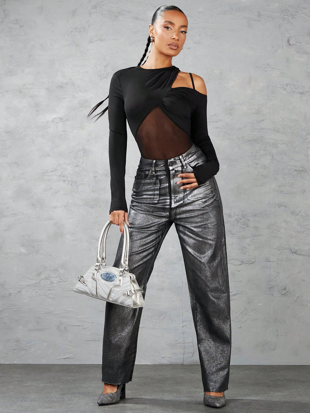 Women'S Irregular Shoulder Cutout Mesh Splice Bodysuit, Slim Fit