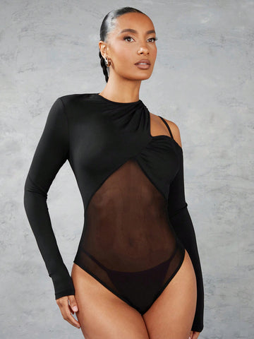 Women'S Irregular Shoulder Cutout Mesh Splice Bodysuit, Slim Fit