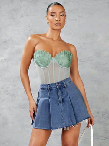Women'S Mesh Pleated Bra See-Through Tight Tube Top Jumpsuit