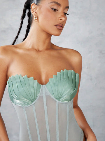 Women'S Mesh Pleated Bra See-Through Tight Tube Top Jumpsuit