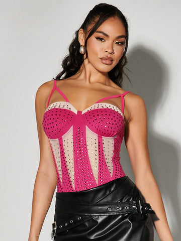 Women'S Mesh Spliced Split Hot Rhinestone Pattern Bra Strap Jumpsuit