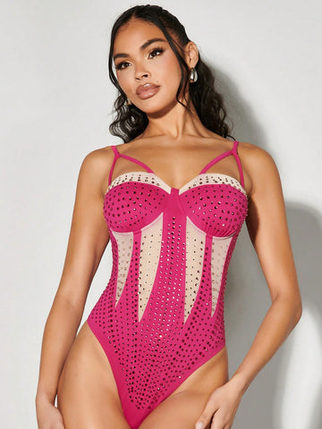 Women'S Mesh Spliced Split Hot Rhinestone Pattern Bra Strap Jumpsuit